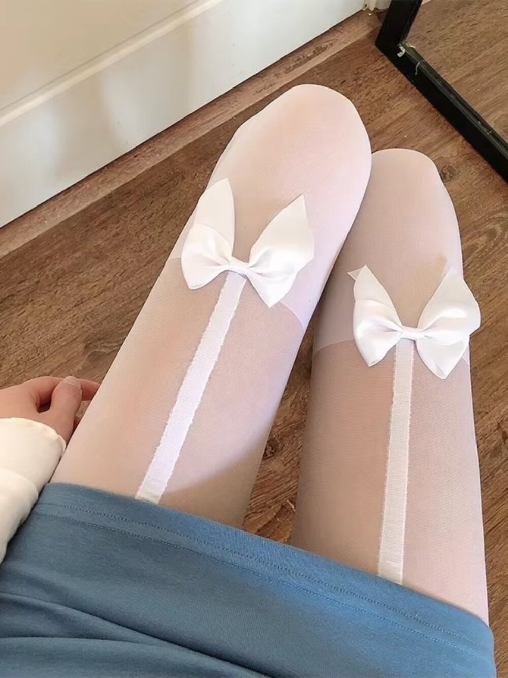 Women's Bowknot Tie Mock Faux Suspender Garter Thigh High White Tights Pantyhose